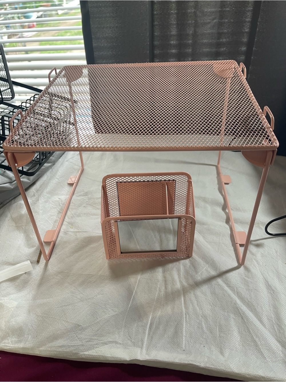 Pink Mesh Desk Organizer Shelf with Pen Cup